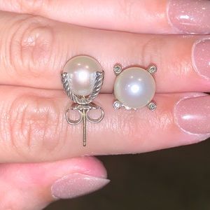 David Yurman 9mm Pearl & Cable Earrings w diamonds